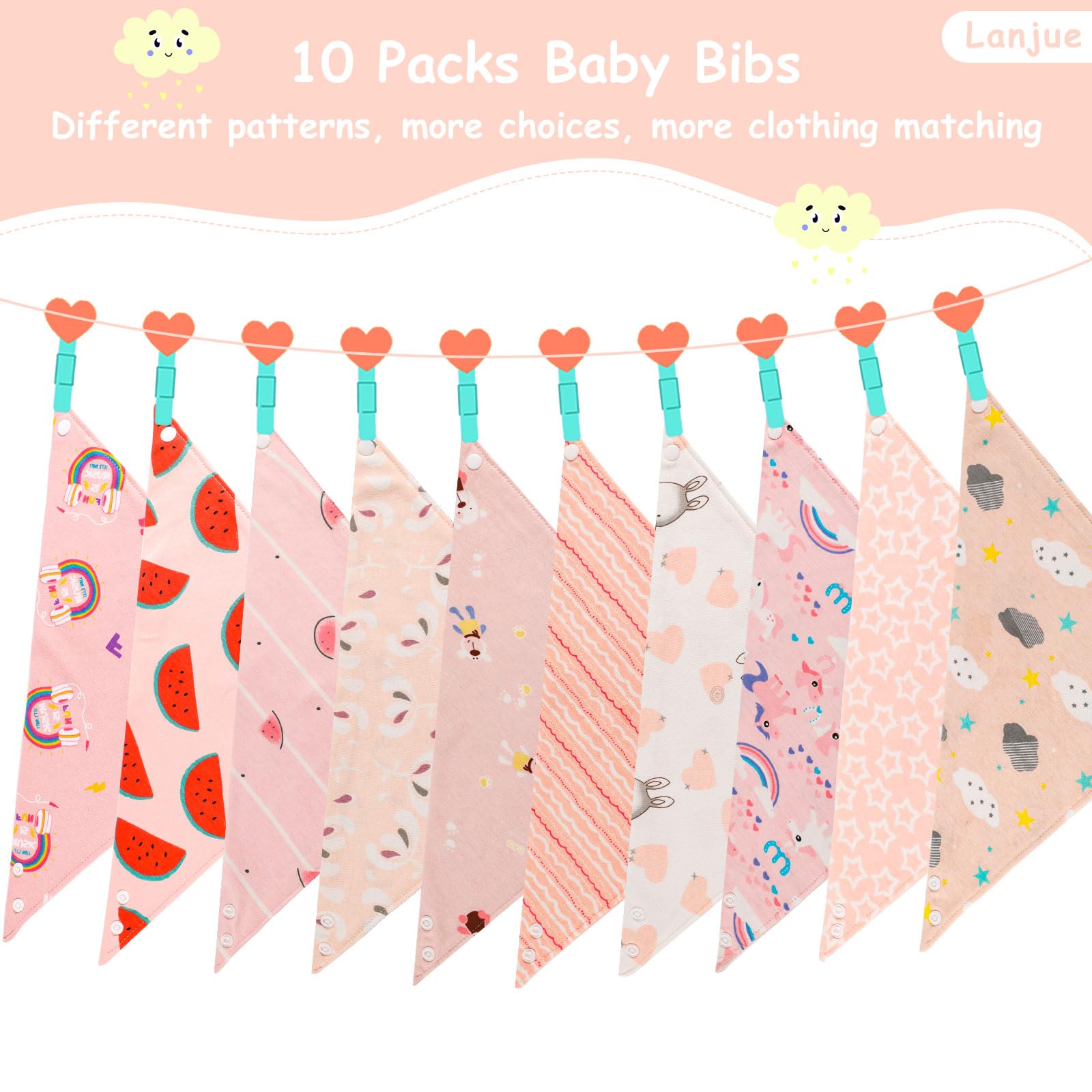 Baby Bandana Dribble Bibs, 10-Pack Cotton Baby Feeding Bibs Super Absorbent Drooling Bibs with Adjustable Snaps for Teething and Drooling (Pink)