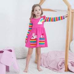 SFreeBo Rainbow Dress for Girls 6-7 Years Cotton Long Sleeve T-Shirt Dress Kids Unicorn Party Dresses with Large Stripe Pockets