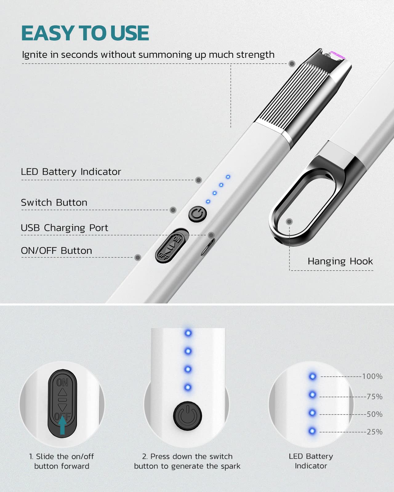 RONXS Electric Lighter, Candle Lighter with Safety Lock Windproof Flamless Arc Rechargeable Long Lighter with Battery Indicator