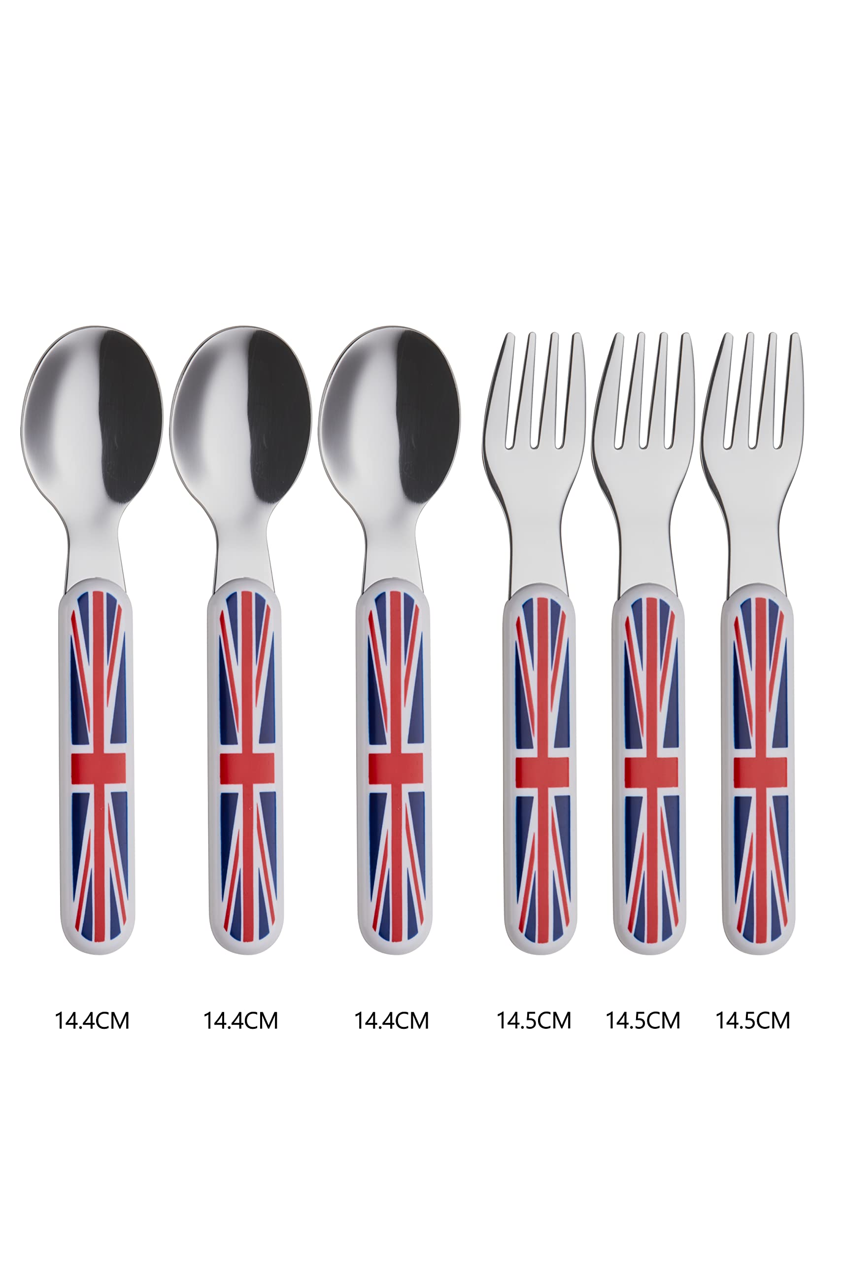 EXZACT Union Jack Kids Cutlery 6pcs Stainless Steel 18/10 Toddler Children's Cutlery - 3 x Forks, 3 x Spoons - BPA Free - Dishwasher Safe - Union Jack