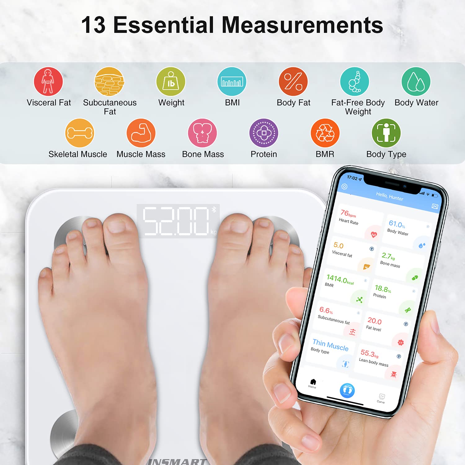 INSMART Body Fat Scales, Digital Personal Scales with App, Bluetooth Scales for Body Fat, BMI, Weight, Pulse Rate, Muscle Mass, Water, Protein, Bone Weight, BMR, etc. White