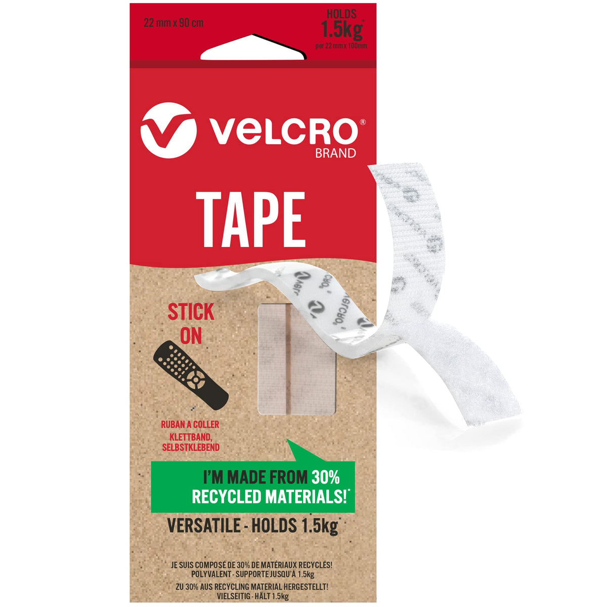 VELCRO Brand   Eco Stick On Tape   Cut-to-Length Strong Hook & Loop Self Adhesive Sticky Tape Perfect for Room Décor & Home, Office, Garage Use   White   22mm x 90mm