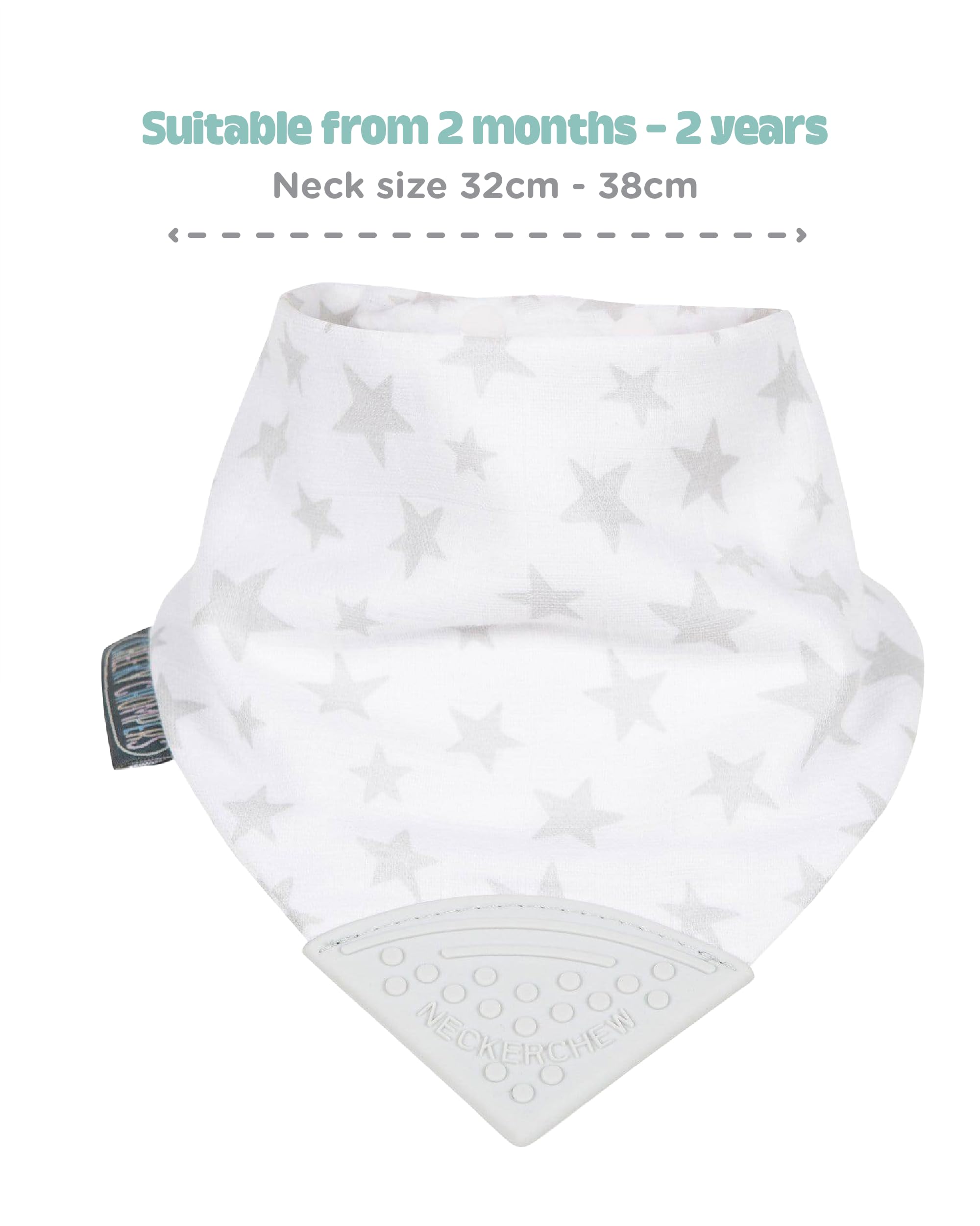 Cheeky Chompers Muslin Baby Bibs with Teether   Super Soft & Absorbent   2 monthsand Teething Bibs   Multi-Award Winning Neckerchew   (Silver Stars, Single)