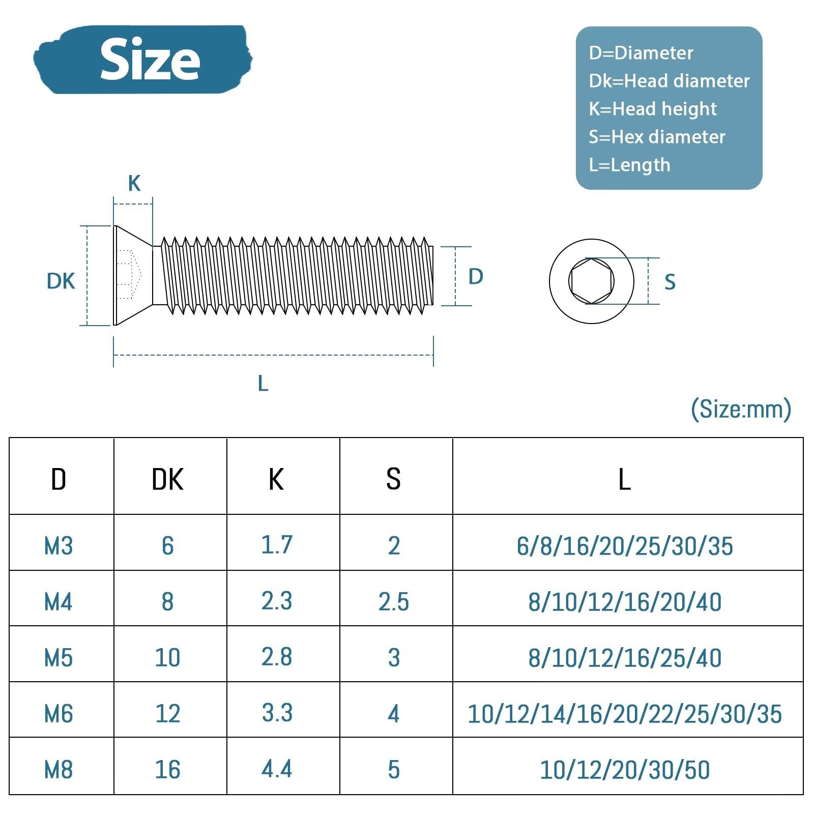 20Pcs M6 (6mm x 14mm) Hex Socket Countersunk Machine Screws, M6 Countersunk Bolts 14mm, Leryati Din7991 A2-Stainless Steel Hex Countersunk Screws - Countersunk Hex Bolts