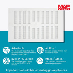 Map Adjustable Air Vent with Flyscreen Cover, 9 inches x 6 inches (229mm x 152mm), Hit & Miss Double Brick Ventilation Cover, White