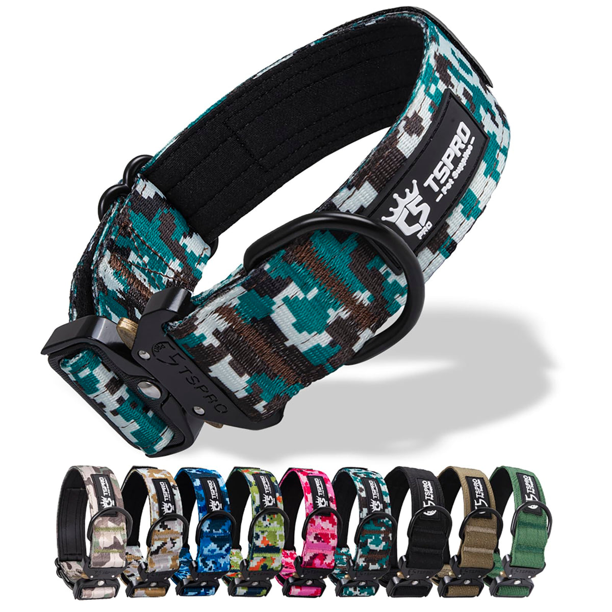 TSPRO Premium Camouflage Dog Collar with fluorescence Patch, Thick and Adjustable, Quick Release Metal Buckle, Suitable for Small, Medium, or Large Dogs (Camouflage Cyan-L)