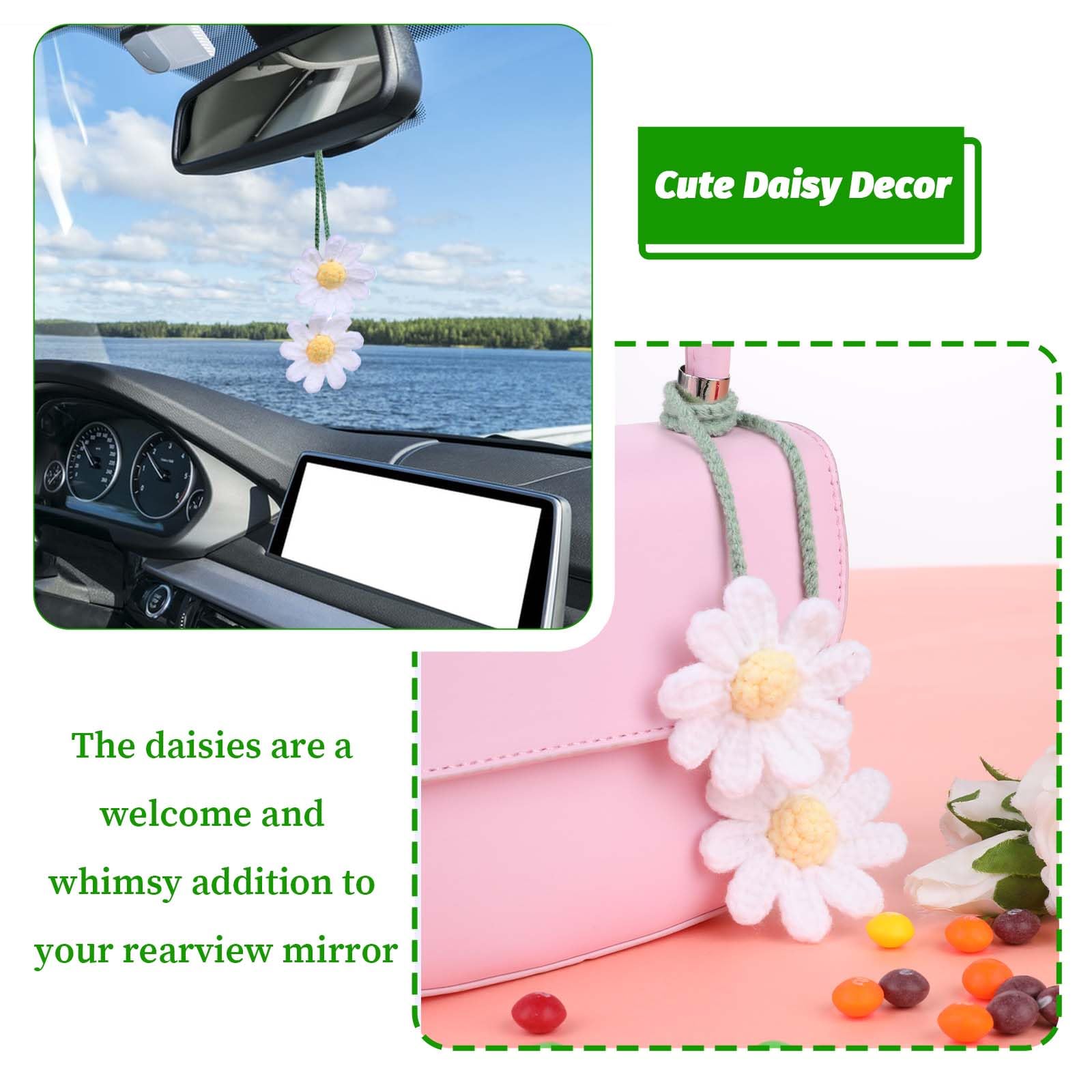 WLLHYF Crochet Daisy Car Pendant Cotton Cute Rear View Mirror Hanging Charms Handmade Knitted Woven Daisy Flower Tassel Car Accessories Automotive Interior Aesthetic (White)