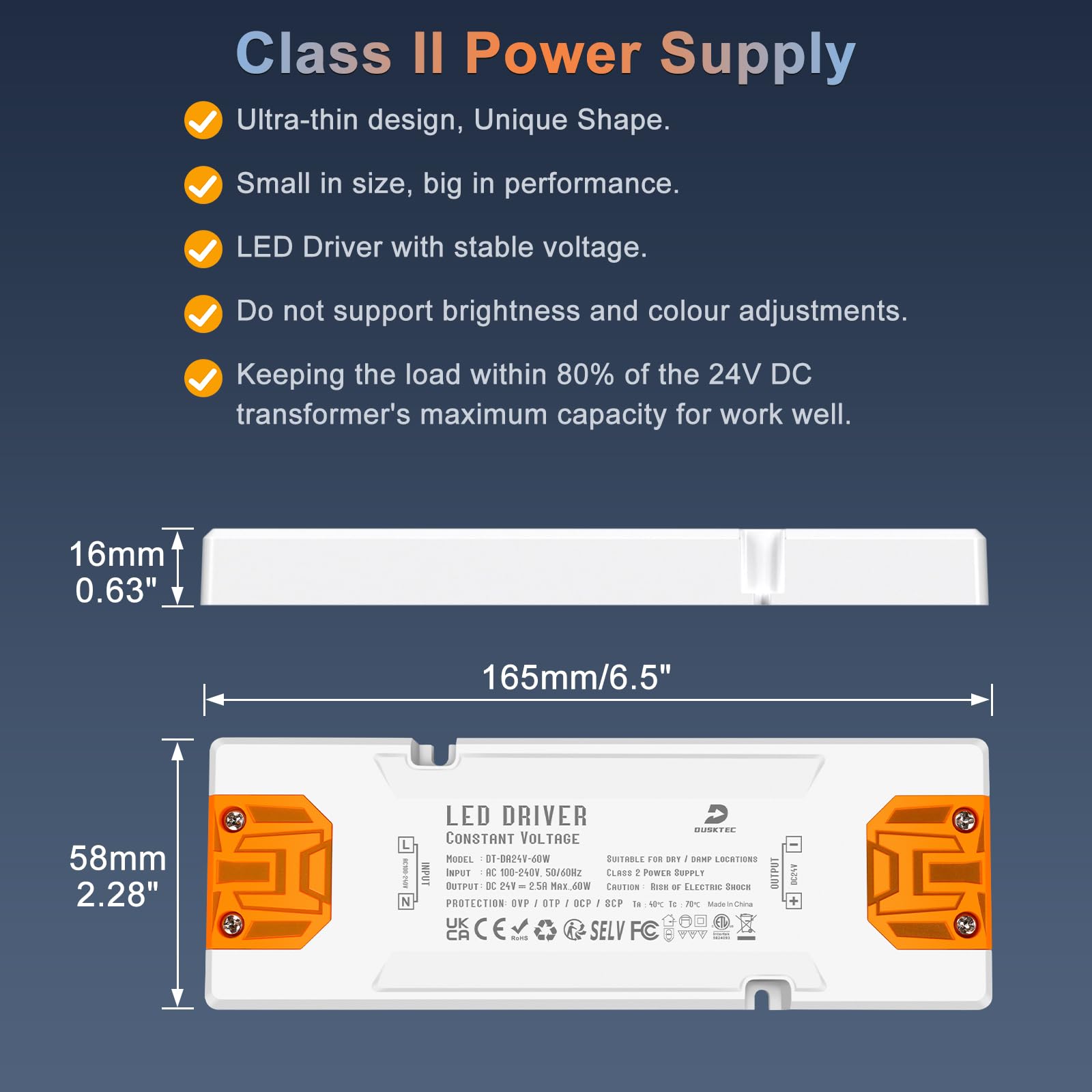 DUSKTEC Slim LED Driver 24V 60W, IP44 Switching Power Supply, 240V AC to 24Volt DC Replacement LED Transformer, Low Constant Voltage 24V 2.5A Adapter for LED Module Light Strip Led Lamp Bulbs