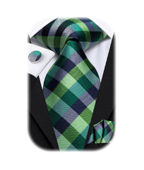 Hi-Tie Black Green Silk Plaid Necktie for Men with Pocket Square & Cufflinks Tie Set for Weddings Business