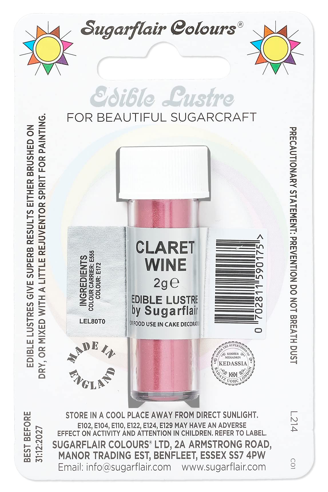 Sugarflair Claret Wine Edible Lustre Dust, Add a Lustrous Shine to Cakes or Decorations. Brush On or Add Rejuvenator to Create Eye-Catching Edible Paint, Gives Shine to Your Bakes - 2g