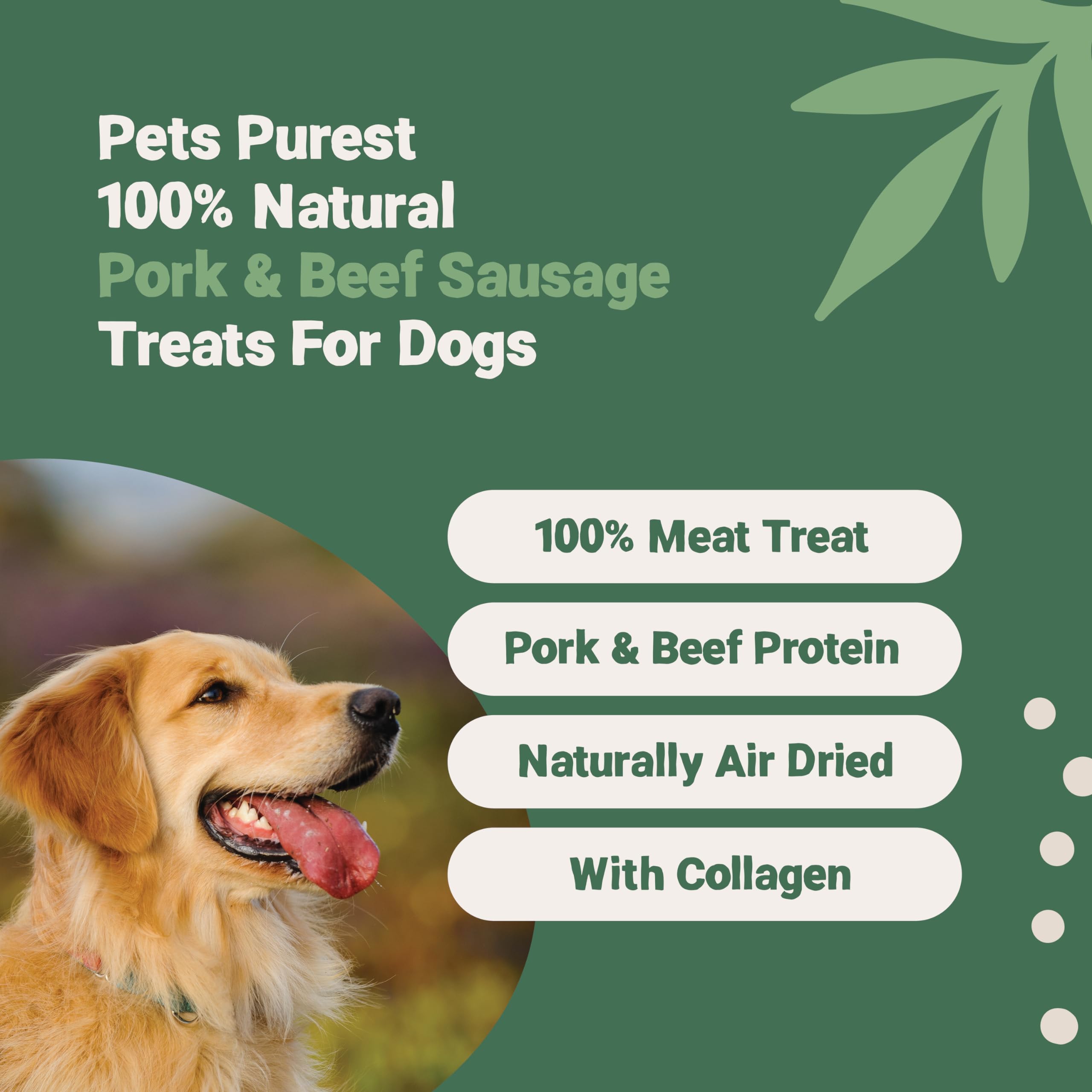 Pets Purest Natural Dog Treat Chews - 100% Healthy Air-Dried Pork & Beef Sausage Meat Treats for Dogs, Puppy & Senior. Grain & Gluten Free Low Fat Raw Protein Dog Food Snack (200g)