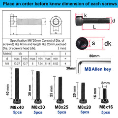 FandWay Hex Socket Head Cap Machine Screw, Black 12.9 Grade Alloy Steel, M8x16/20/25/30/40mm Cheese Head Bolts Allen Socket Drive Screws Assortment Set With Allen Key(5-Pieces/each)