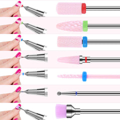 MAQUITA 7 Pieces Ceramic Nail Drill Bits Professional Remove Gel Acrylic Cuticle Diamond Tungsten Carbide Nail Drill Tools for Manicure Pedicure Home Use Great Gift (Pink)