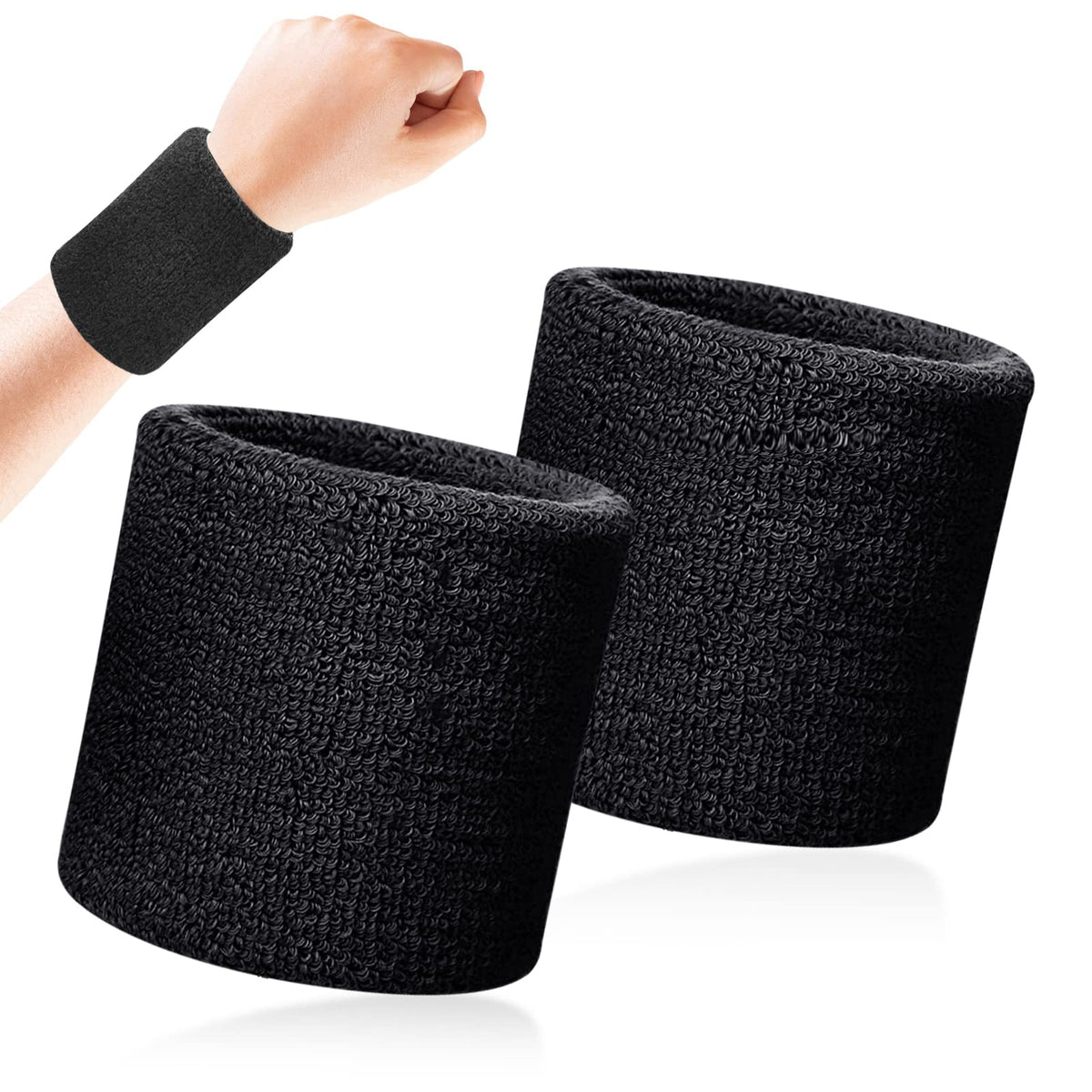 Quelcc 2 Pcs Sweatbands, Sweat Bands Wristbands, Thicken Black Wristbands, Athletic Cotton Sweat Bands, Wrist Sweatband, for Tennis, Basketball, Running, Gym