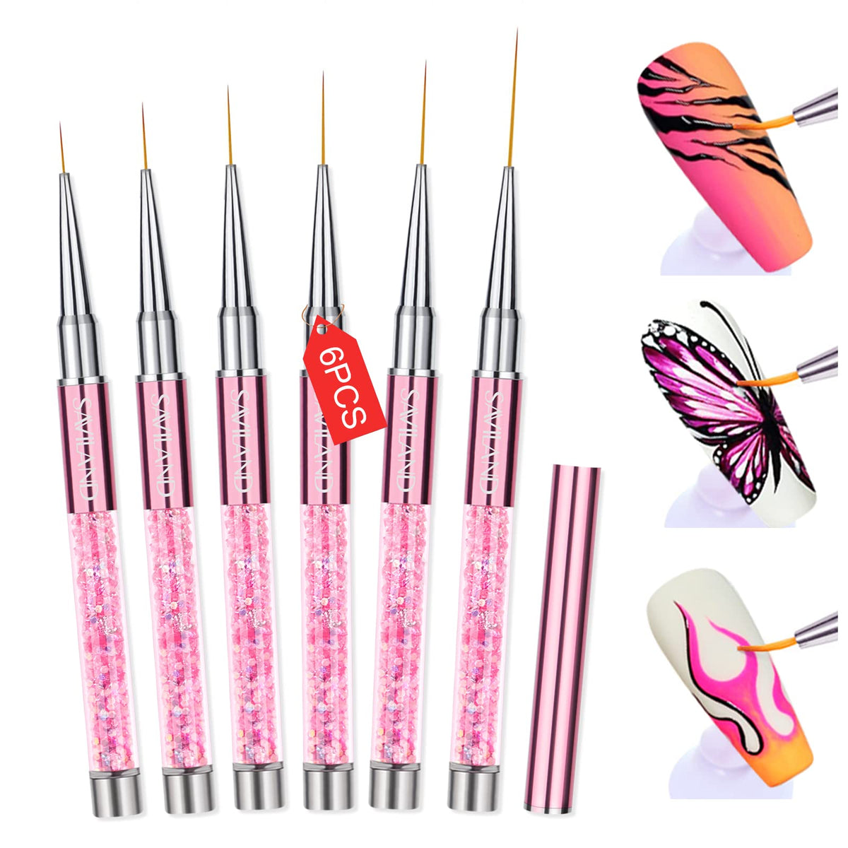 Saviland Thin Nail Art Brushes-6PCS Rose Gold Liner Nail Design Brushes Liner Painting Nail SuppliesTools Kit for Drawing Lines French Manicure Nail Salon Home DIY Use (7/8/11/13/15/29 mm)