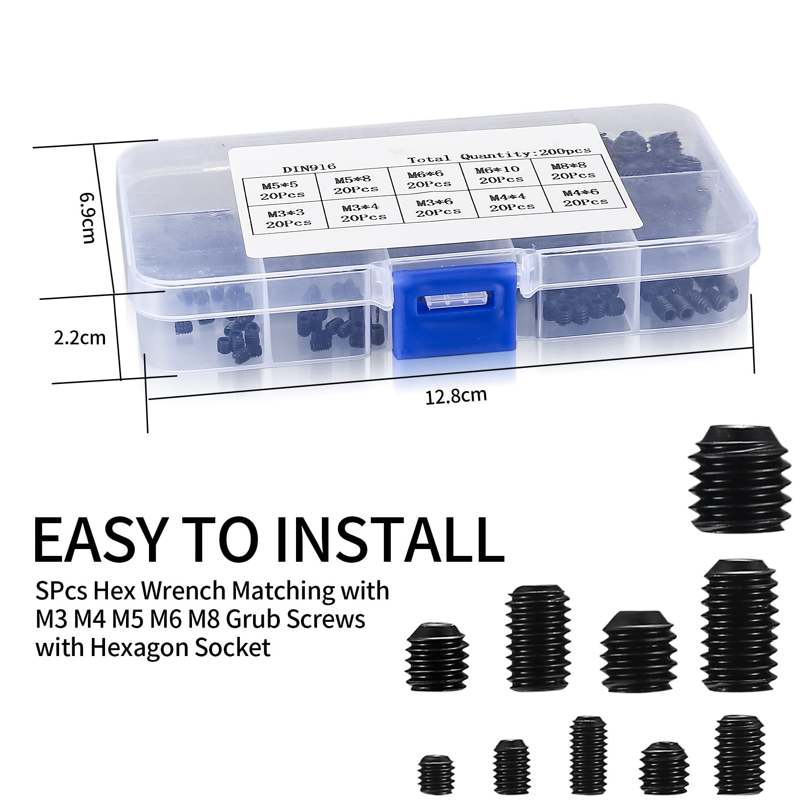 200 Stk Madenschrauben Sortiment Set, Gewindestifte Schrauben, Sechskantkopf Inbusschraube, Hex Grub Kopf Maschinenschraube Schraube Befestigungsteile Kits, M3/M4/M5M6/M8