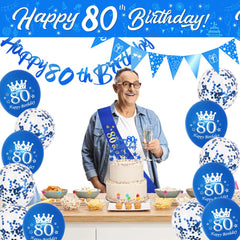 80th Birthday Decorations Set,17 Pieces Birthday Party Decoration Include Blue Happy 80th Birthday Banner,Triangle Flag Banner,Confetti Latex Balloons for Men Birthday Party Decorations