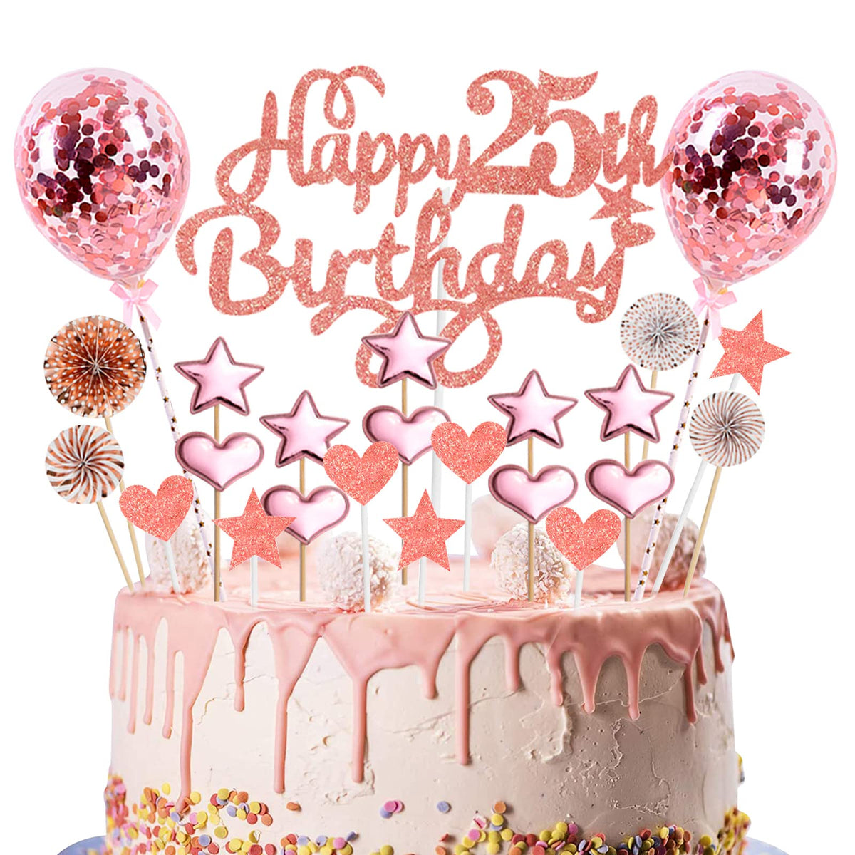 Happy 25th Birthday Cake Topper, Rose Gold Glitter 25th Birthday Cake Topper Kit with Star Heart Paper Fan Confetti Balloon, 23pcs Cupcake Topper for Girls Women 25th Birthday Party Cake Decorations