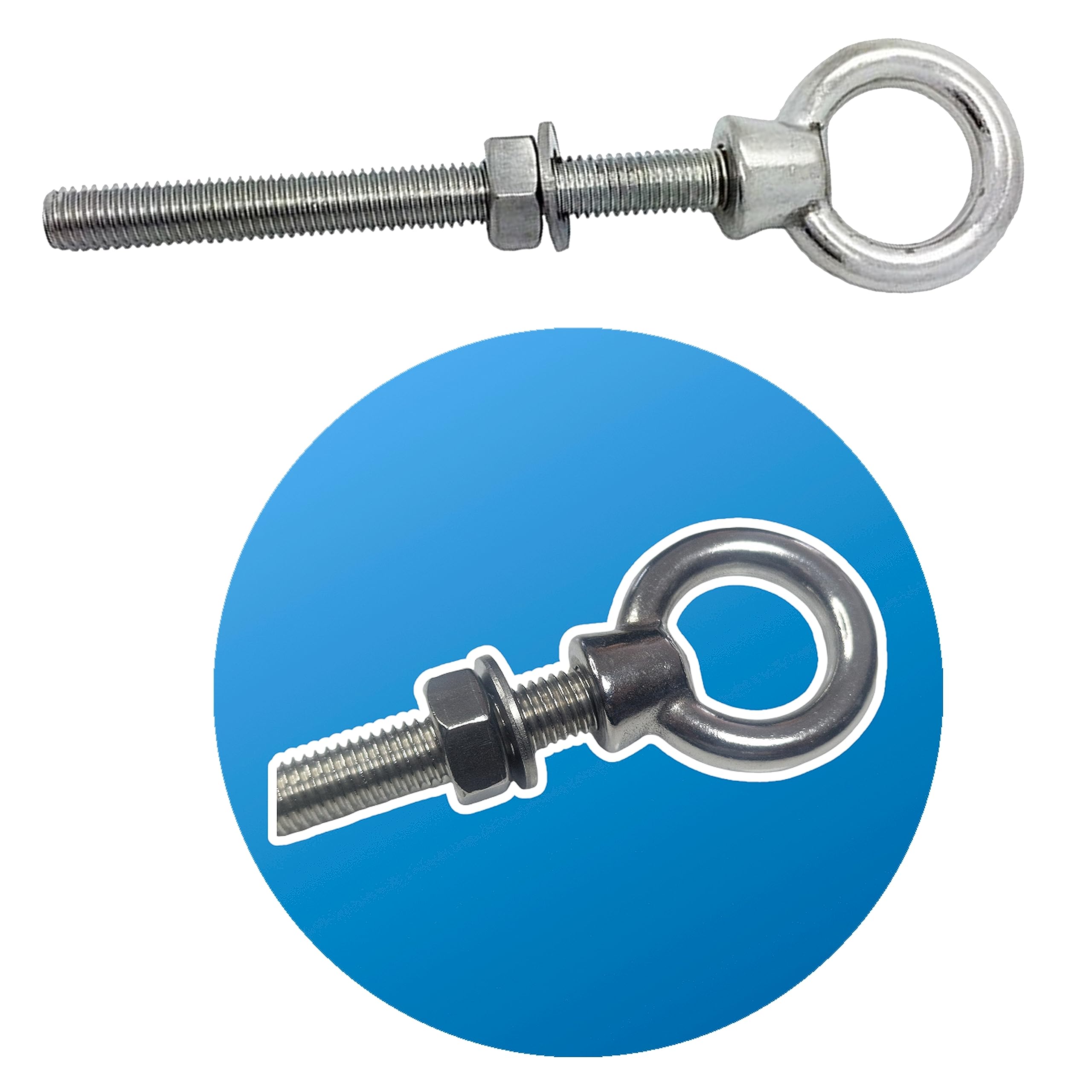 M6 x 60mm Lifting Long Eye Bolt Longshank with Full Nuts and Washer Stainless Steel Marine Grade (Pack of 1)