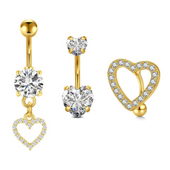 FECTAS 3pcs Belly Bars Heart Belly Button Rings 14g Surgical Steel Navel Piercing Jewellery Women 10mm Gold