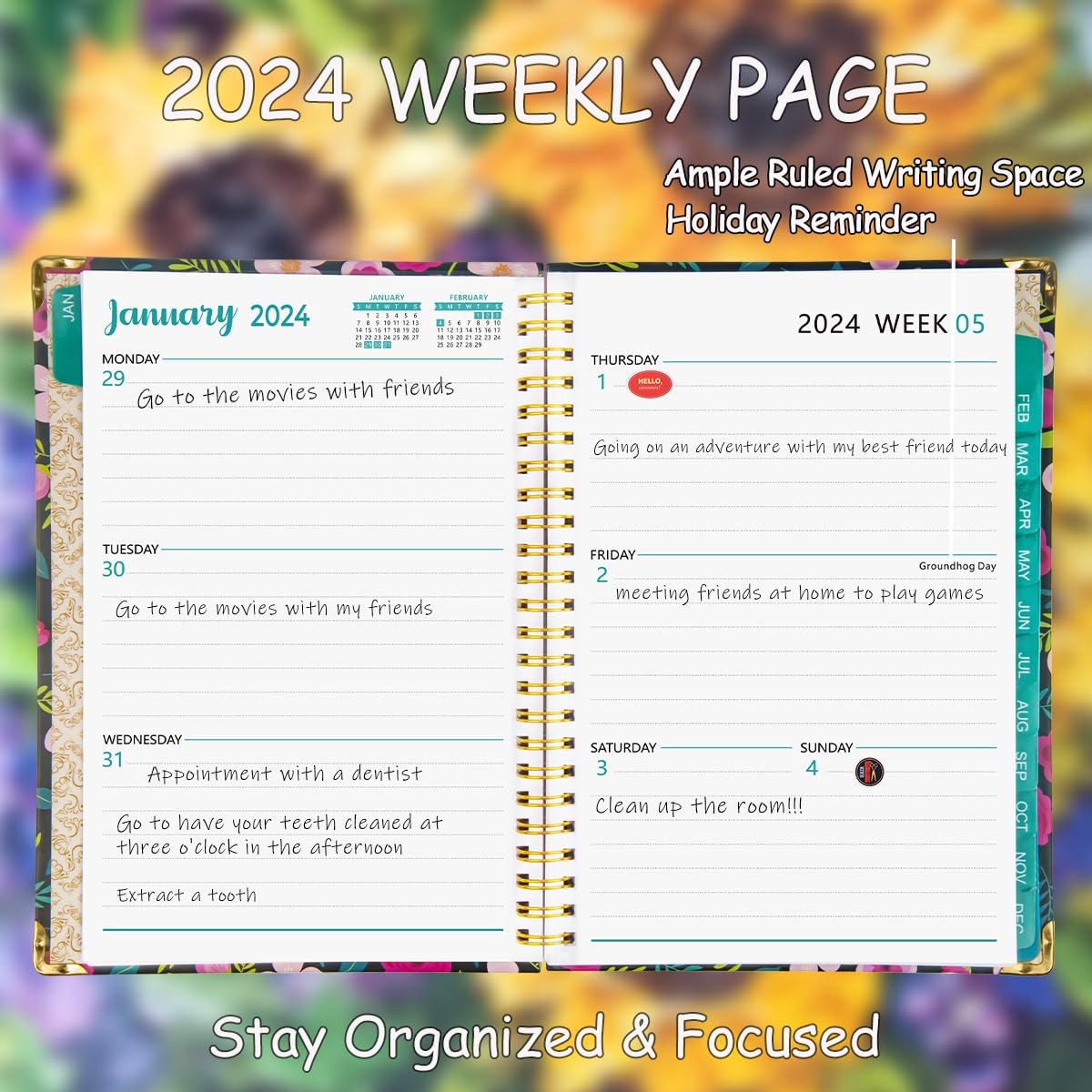 NADSSJL 2024 Diary A5 Week to View, Diary 2024 Day per Page, Jan.2024 - Dec.2024, Day View Planner Organizer, Hard Cover, Monthly Tabs, Bookmark, Stickers and Inner Pocket A5 (Little Flower)