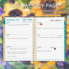 NADSSJL 2024 Diary A5 Week to View, Diary 2024 Day per Page, Jan.2024 - Dec.2024, Day View Planner Organizer, Hard Cover, Monthly Tabs, Bookmark, Stickers and Inner Pocket A5 (Little Flower)