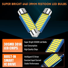 39mm 6418 Led Car Bulbs, 1.53 inches 39mm festoon Led Car Bulbs White light,12V 30smd 3014 Chipset 6461 C5W Bulbs for Interior Car Lights Dome Map Trunk Courtesy Light, 4pcs