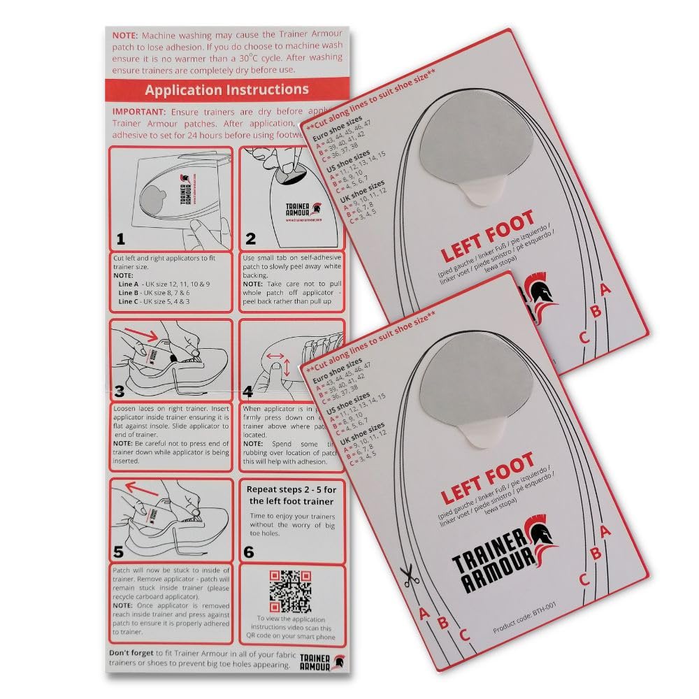 Left Foot Only Big Toe Hole Preventer for Running Shoes and Fabric Footwear. Black self-Adhesive Patches with a Clever applicator. Strong and unnoticeable When Fitted. Also for Footwear Repair