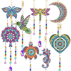 FineGood 8 PCS Diamond Art Painting Suncatcher Kits, 5D Diamond Art Wind Chimes Keychains, DIY Sun Catchers Hanging Ornament for Home Garden