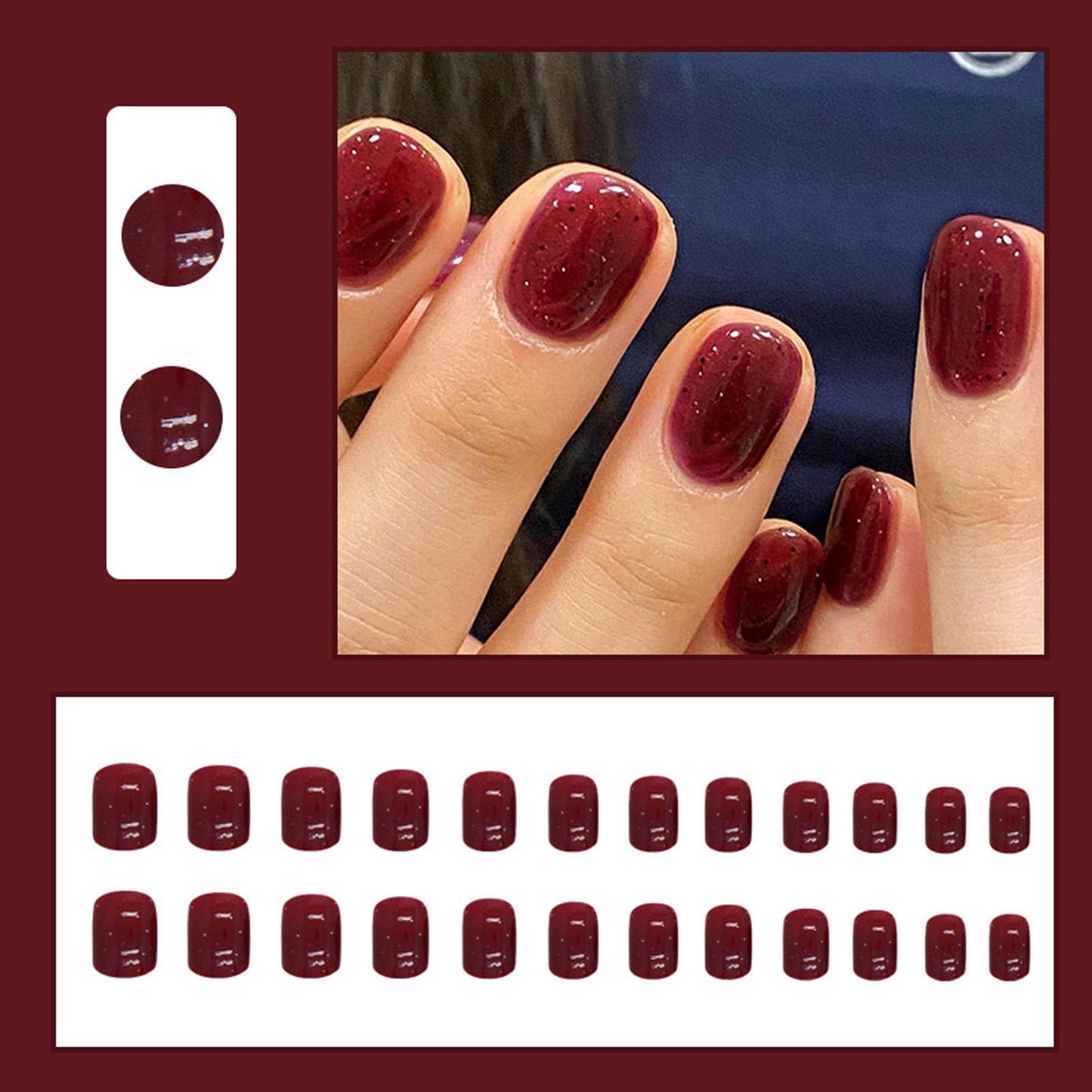 DMQ False Nails Short, 24Pcs Wine Red Glitter Fake Nails, Square Press on Nails, Glitter Stick on Nails with Glue, Full Cover Nail Tips for Women Girls Holiday Nails Art