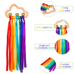 FRIUSATE 2Pcs Wooden Ribbon Ring Toys, Rainbow Hand Ribbon Teether Sensory Toy Molar Wooden Educational Toy Circle Toy with Bells for Boys Girls (Light color) (Rainbow color)