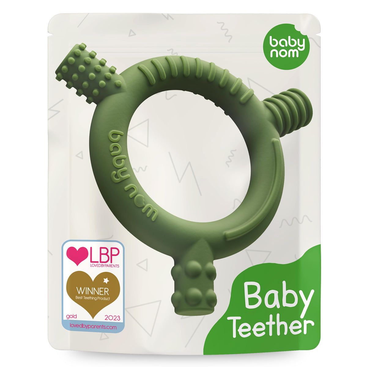 Baby Nom ® Teething Toys for Baby 3 Months and Up - 100% BPA-Free Food Grade Silicone Baby Teether, Baby Teething Ring for Sensory Development, Teething Toys for Baby - Freezer Friendly, Olive