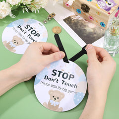 ORIGACH 2 Pack No Touching Baby Stroller Tag Set, Bear Pattern Stop Touching Baby Car Seat Carrycot Sign with Hanging Straps and Clip, No Touch Baby Safety Sign for Newborn Baby Girl Boy