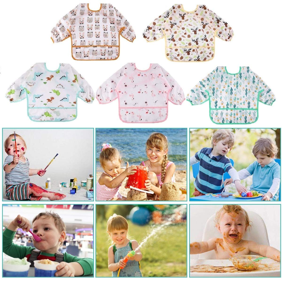 Discoball 5 pcs Baby Bibs with Sleeves - Waterproof Long Sleeve Bib Unisex Feeding Bibs Anti-Dressing Bibs Baby Drool Bibs Painting Apron Bibs for Infant Toddler 2-4 Years