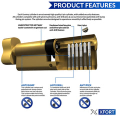 XFORT® Brass 45T/45 Thumb Turn Euro Cylinder Lock (90mm), Euro Door Barrel Lock with 3 Keys, Anti-Bump, Anti-Drill, Anti-Pick Door Lock with Key, High Security for Wooden, UPVC and Composite Doors.