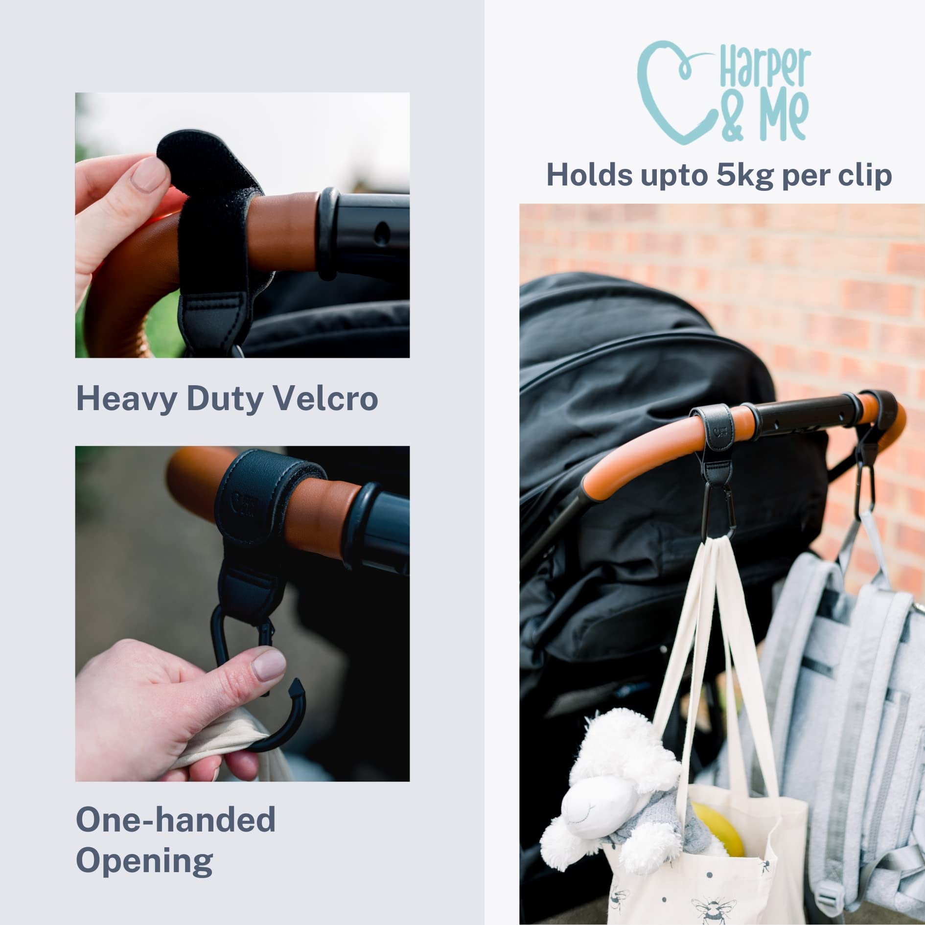 Harper & me Buggy Clips. 2pcs Black Carabiner Clips. Hook Your Shopping Bags, Baby Changing or Handbag to Any Universal Pram, Stroller or Pushchair.