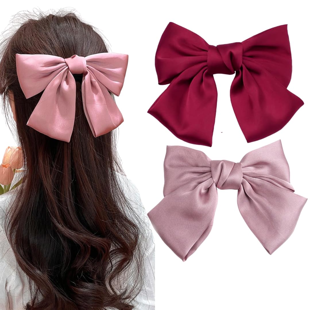 2PCS Silky Satin Hair Bows Hair Clip Black Hair Ribbon Ponytail Holder Accessories Slides Metal Clips Hair Bow for Women Girls Toddlers Teens Kids (Bow Clip-Pink/Red)