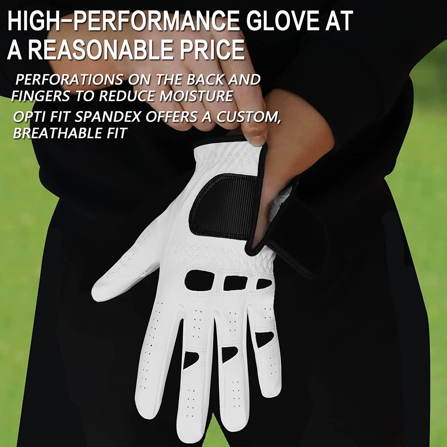 FINGER TEN Golf Gloves Mens Left and Right Hand All Weather Grip Cabretta Leather Weathersof Value Pair, Golf Gloves for men Rain Grip Breathable Wear Resistant (White, S)