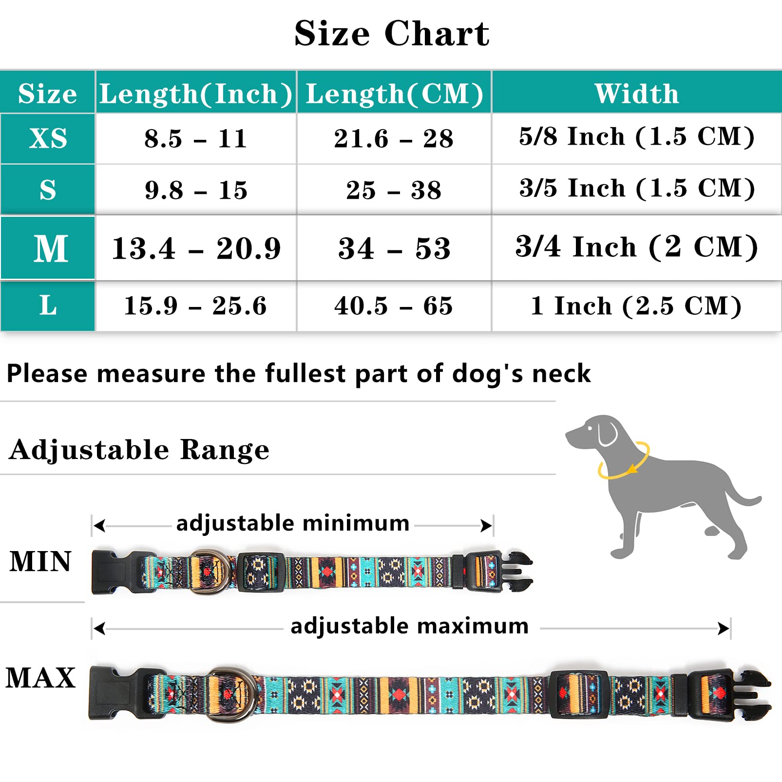 HEELE Dog Collar Medium Multi-Colour Patterned Soft Comfy Dog Pet Collars Easy Adjustable Collar for Small Medium Dogs Indoor Outdoor Activities, Bohemian Cyan, M