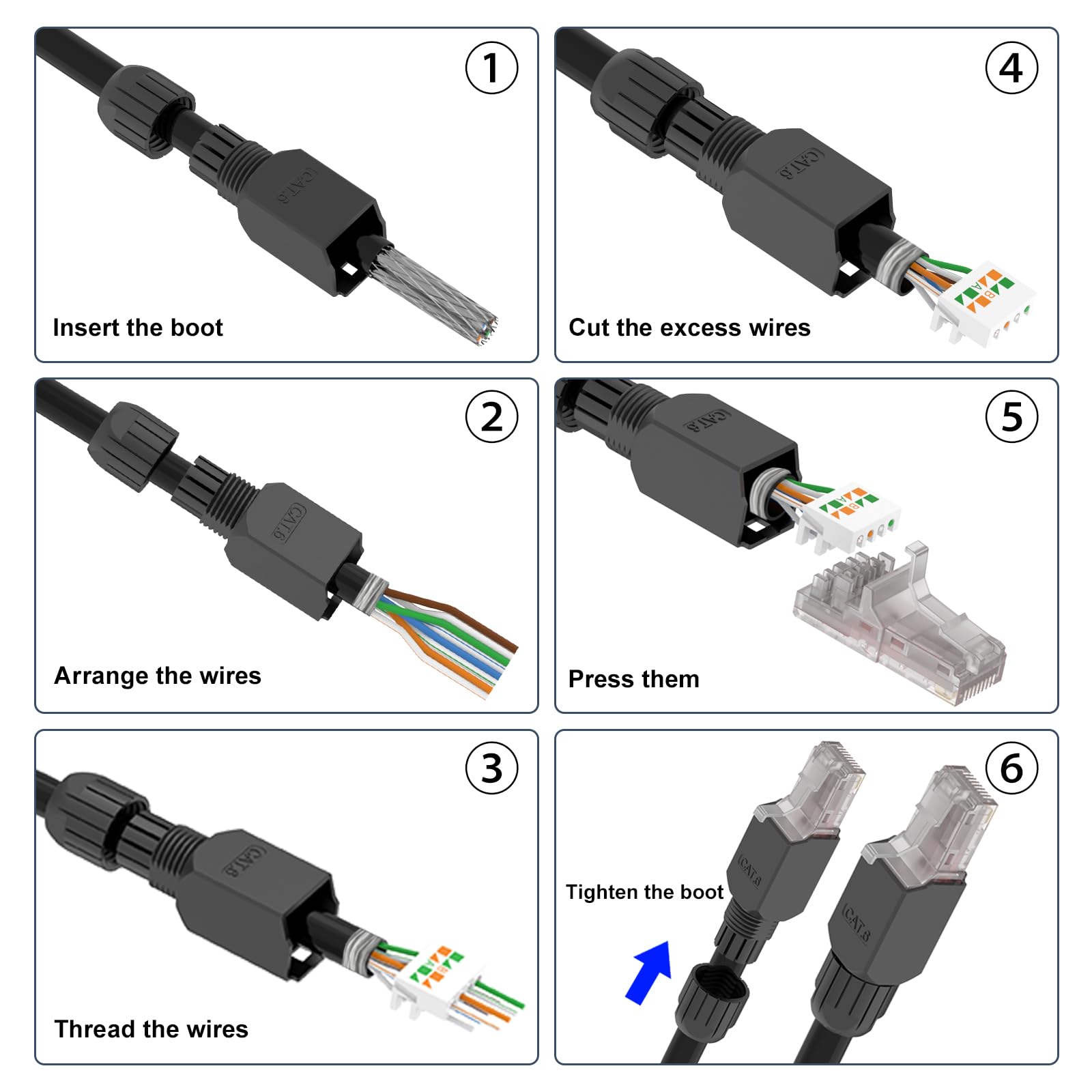 VCELINK Tool-Free RJ45 Connectors Toolless Cat6 Modular Plug Gold Plated Cat6 Ethernet Cable Ends for 23-26 AWG Network Cable 4 Pack Black