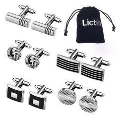 Lictin Men's Cufflinks Cuff Links for Men, 5 Pairs Stainless Steel Classic Tone Cufflinks Black Striped Cuff Links Shirt Suit Cufflinks