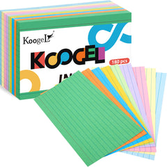 Koogel Ruled Index Cards Paper, A6 Revision Cards Lined 9 Colours Flash Cards 150 x 100mm 6x4 inchesNote Cards Record Cards for School Learning Memo Office 180PCS