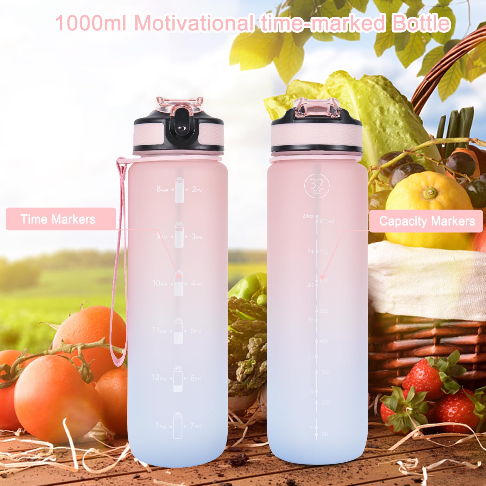 NAVTUE 1L Water Bottle with Straw, Sports Drinks Bottle with Time Markings, Leak Proof, Tritan BPA free for School/Cycling/Running (PinkBlue)