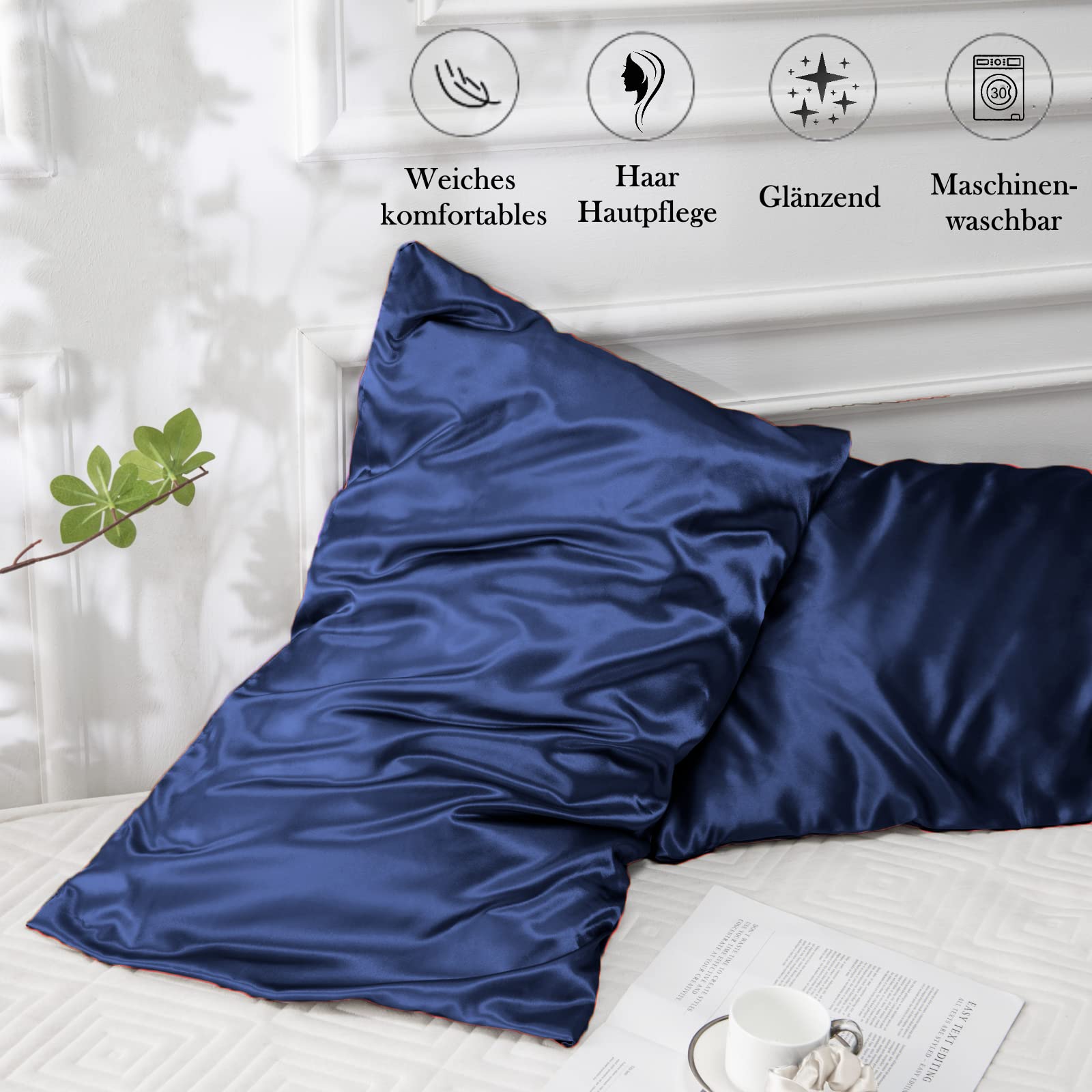 Vielit 2 Pack Satin Pillowcase for Hair and Skin,Soft as Silk Pillowcases for Hair and Skin,Easier Care than Silk Pillow Case Navy Pillowcases for 50x70cm Pillow Envelope & 2 Scrunchies