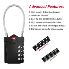 ZHEGE Luggage Padlocks TSA Approved, Suitcase Lock with Open Alert Indicator and Flexible Cable [Newest Version], 4-Digit Combination Padlock for Gym Locker, Briefcase, Backpack, Laptop Bag (Black)