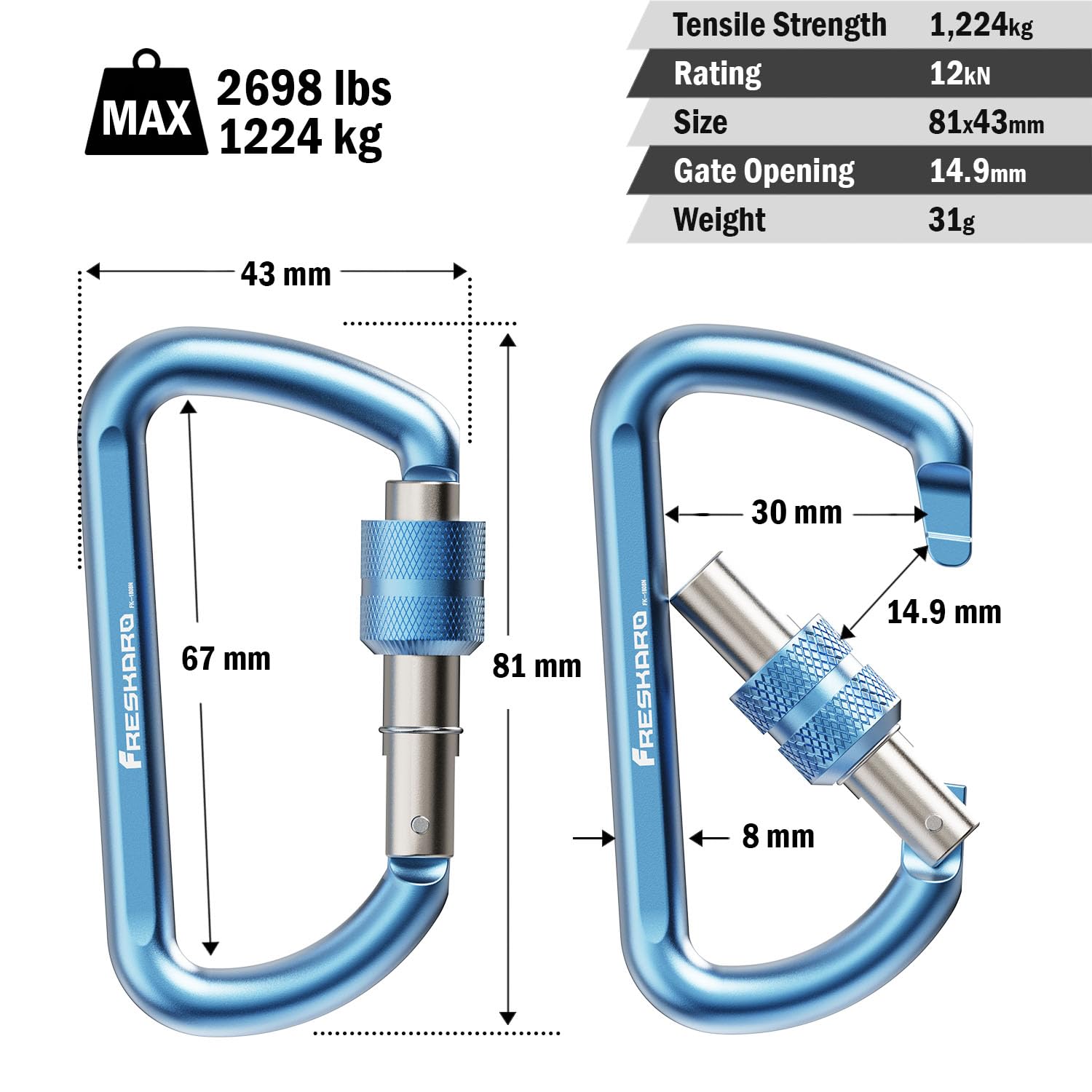 FresKaro 3inch Locking Carabiner Clips Heavy Duty, Strong 12kN Screw-gate Aluminum Carabina, Karabiner Hooks, Rust free, Lightweight, for Dog Lead, Hammocks, Swing, Camping, Key, D-Shaped, 2Pack,Blue