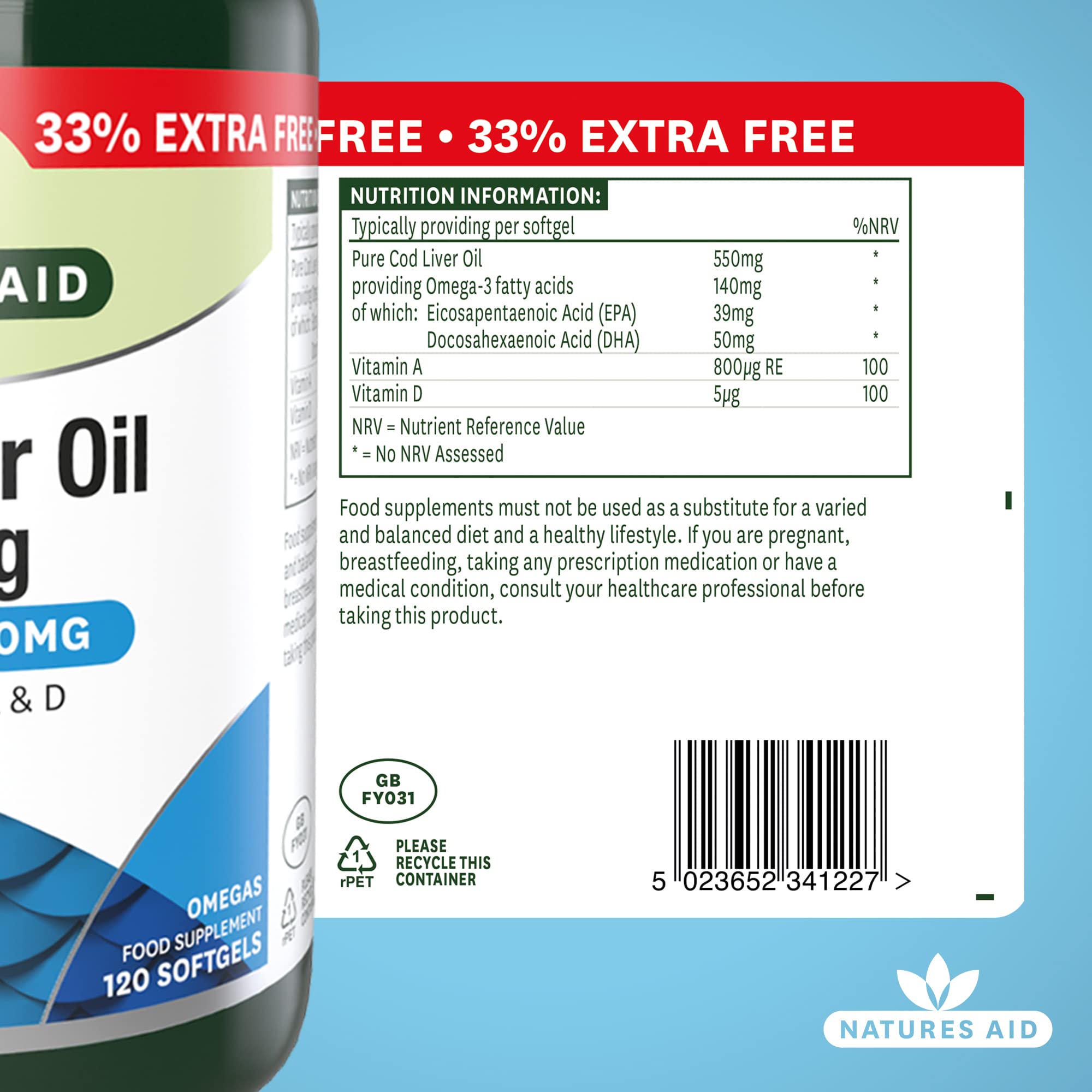 Natures Aid Cod Liver Oil 550 mg 120 Softgel Capsules (Providing 120 mg Omega-3, with Vitamins A and D, For The Normal Function of the Immune System, Purity Guaranteed, Made in the UK)