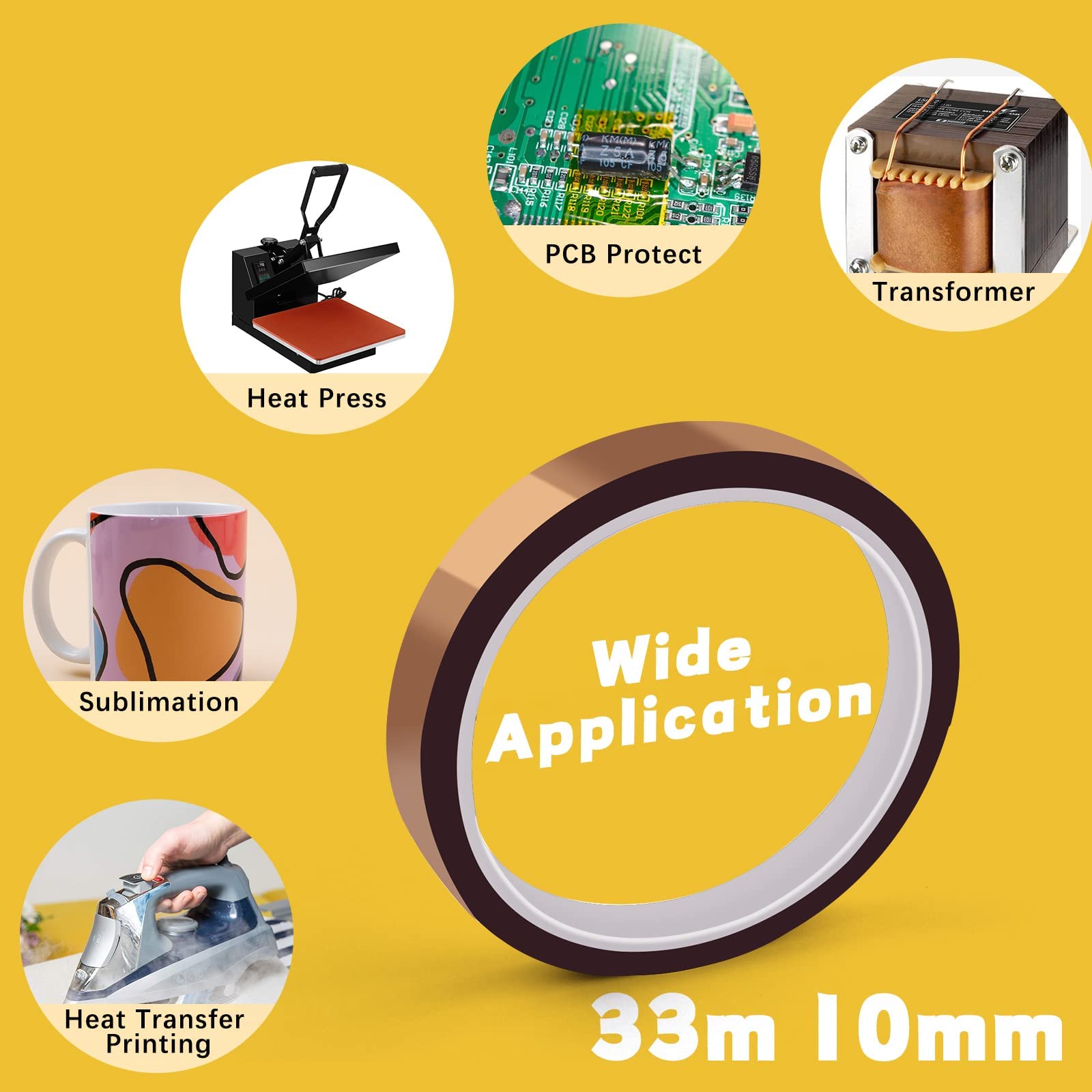 HTVRONT Heat Resistant Tape - Heat Tape Sublimation 4 Rolls Heat Transfer Tape, Brown Heat Proof Tape 10mm*33m Kapton Tape for Electronics Printing Heat Transfer Vinyl Art Crafts Clothes