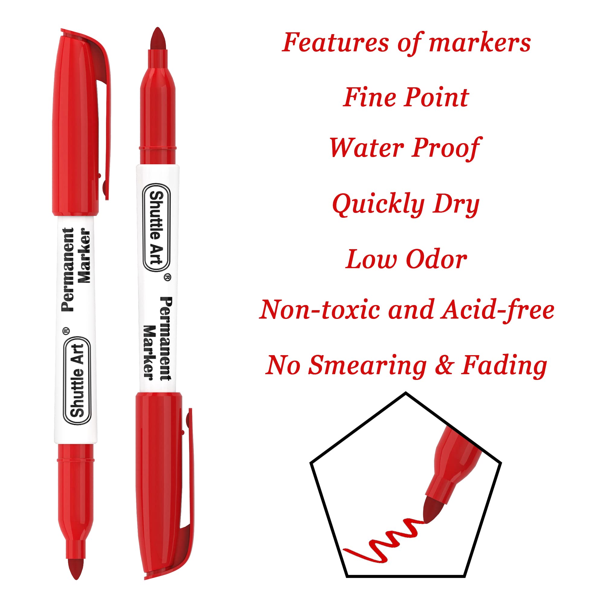 Shuttle Art Red Permanent Markers, 30 Pack Fine Point Red Ink Marker Pens, Works on Plastic, Wood, Stone, Metal and Glass for Doodling, Colouring, Marking Office School Supplies