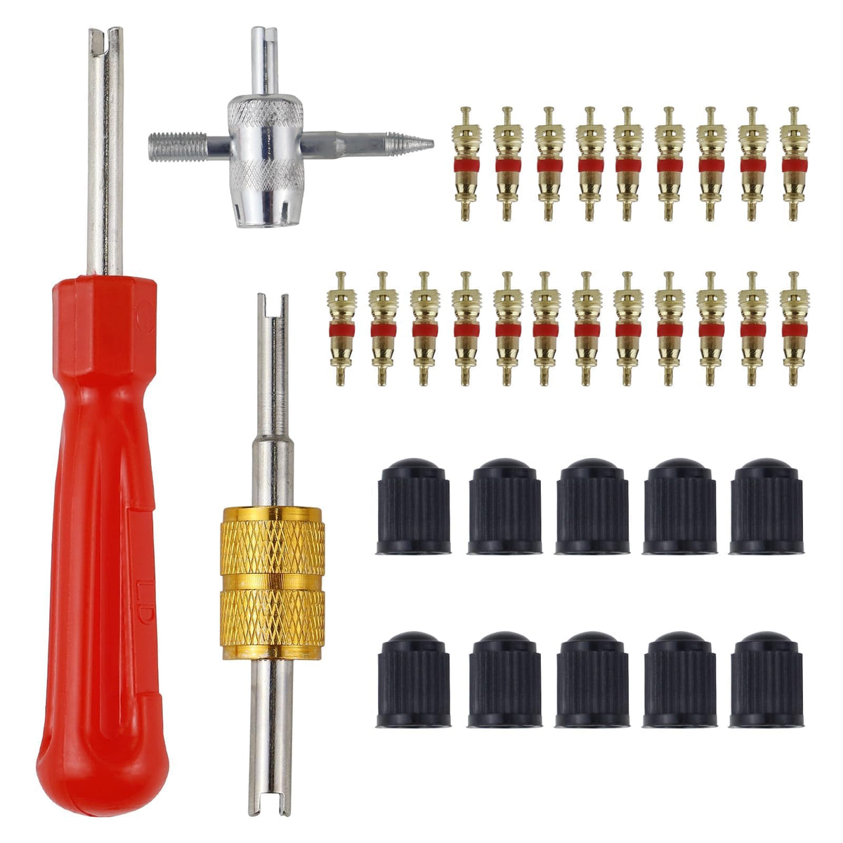 33 Pcs Car Tyre Valve Removal Tool Set   Tyre Valve Repair Kit   Dual & Single Head Valve Core Remover   4-Way Valve Tool   10 Pcs Tire Valve Caps   20Pcs Valve Cores   Fit for Car Bicycle Auto